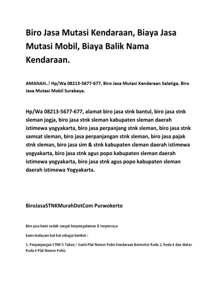 Biro Jasa Mutasi Kendaraan, Biaya Jasa Mutasi Mobil, Biaya