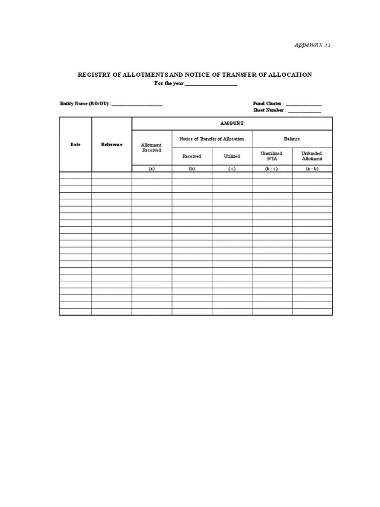 Registry of Allotments and Notice of Transfer of Allocation Appendix