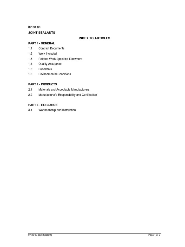 07 30 00 Joint Sealants PDF Wall Specification (Technical Standard)