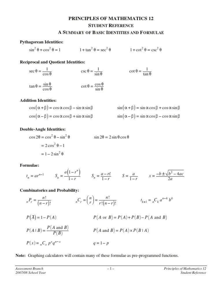 Math 12 Formula Sheet Trigonometric Functions Complex Analysis