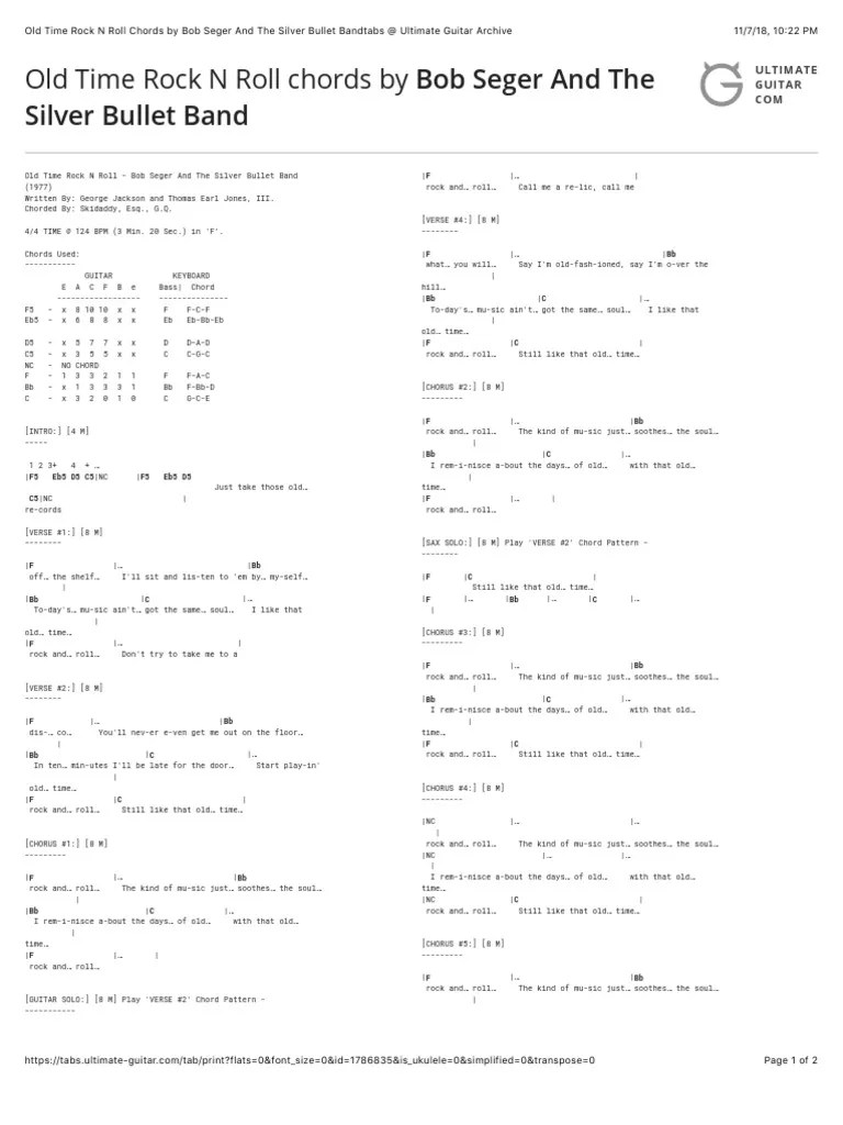 Old Time Rock N Roll Chords by Bob Seger and The Silver Bullet Bandtabs