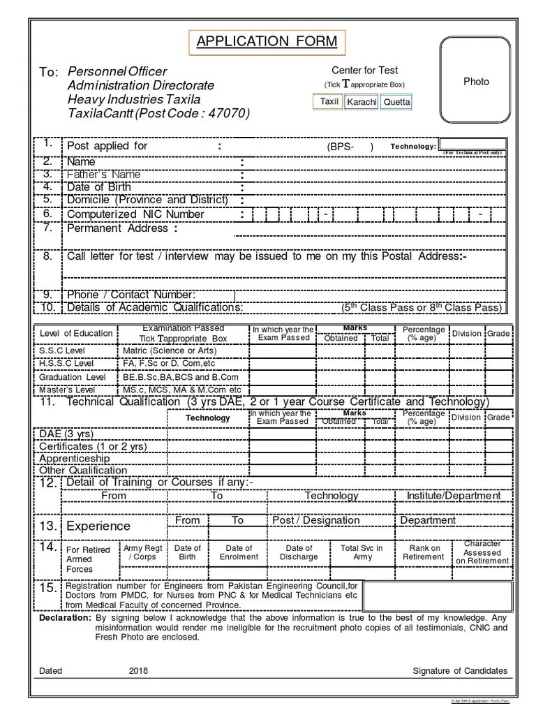 Application Form Administration Directorate Heavy Industries Taxila