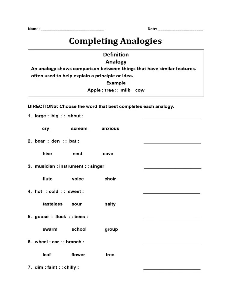 Completing Analogy Worksheet PDF