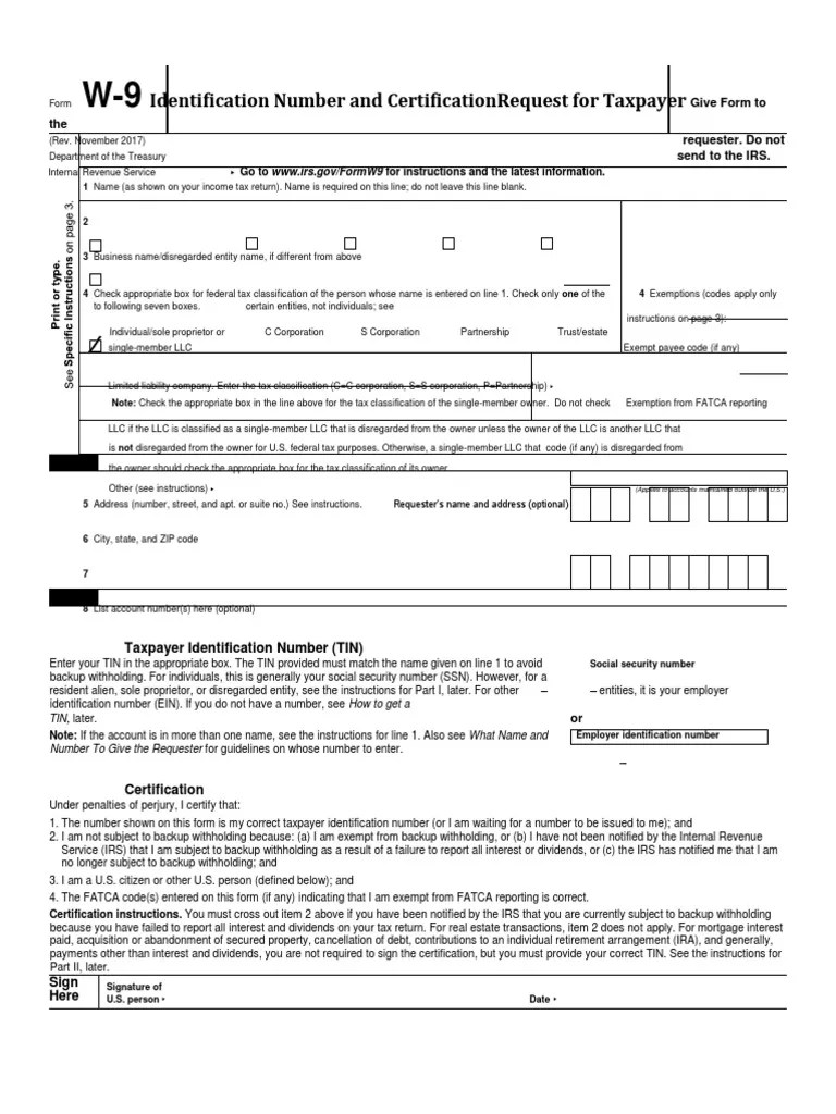 W9 Blank Form PDF Withholding Tax Irs Tax Forms