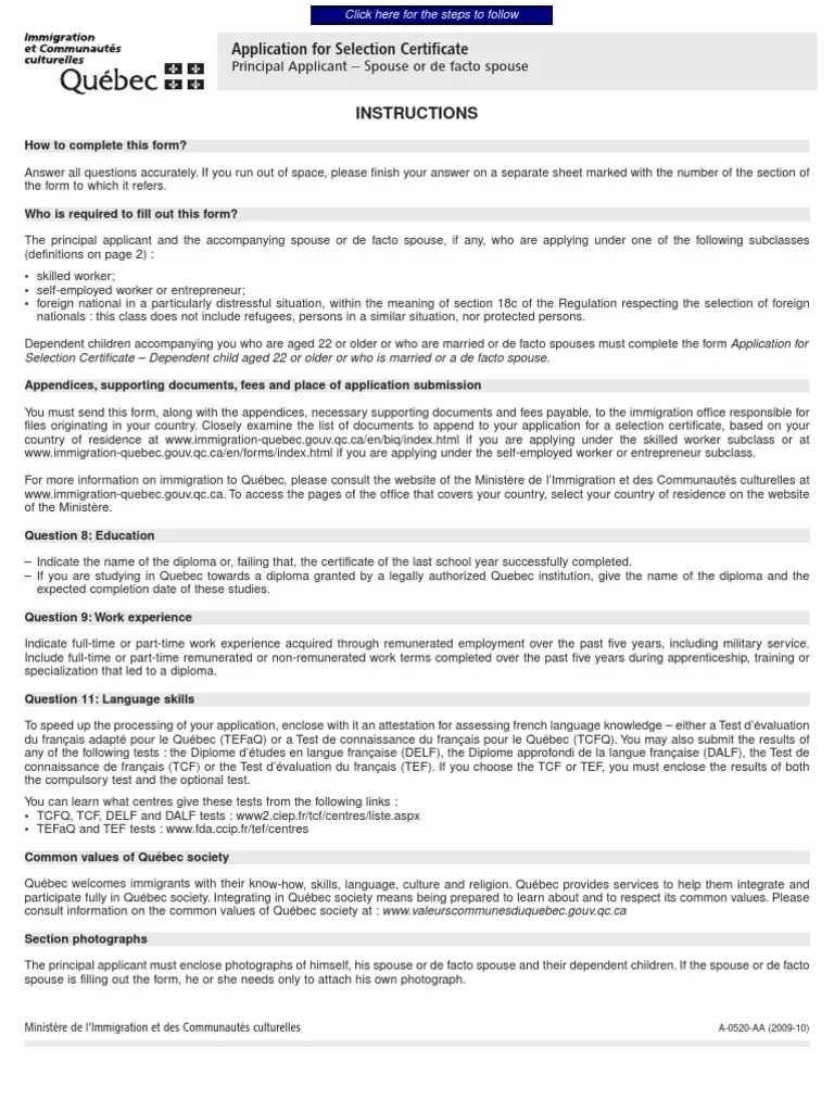 Application Selection Certificate Quebec Quebec Parent