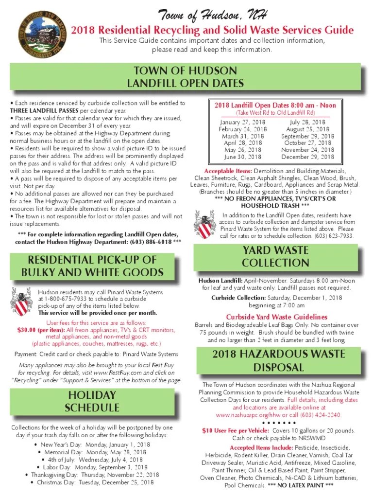 Hudson NH Recycle Solid Waste Service Guide 2018 PDF Recycling Subscription Business Model