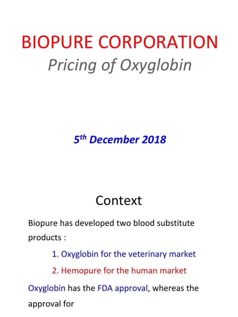 Biopure Corporation Pricing of Oxyglobin Blood Transfusion Pricing