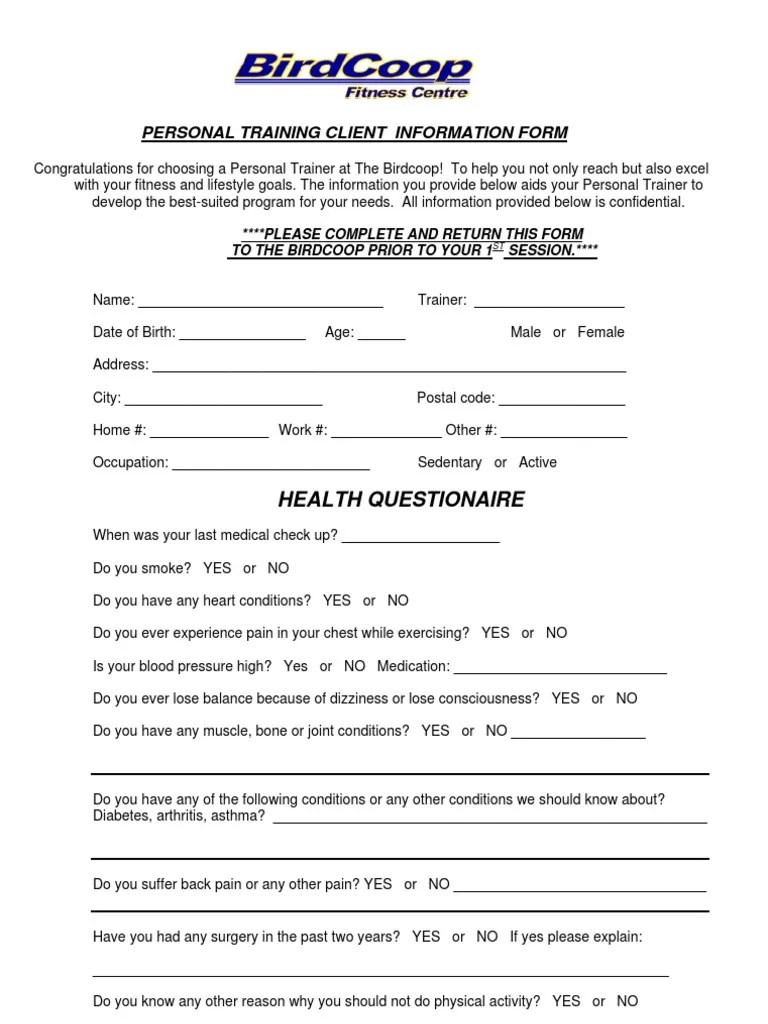 Client Info Form Personal Trainer Physical Fitness