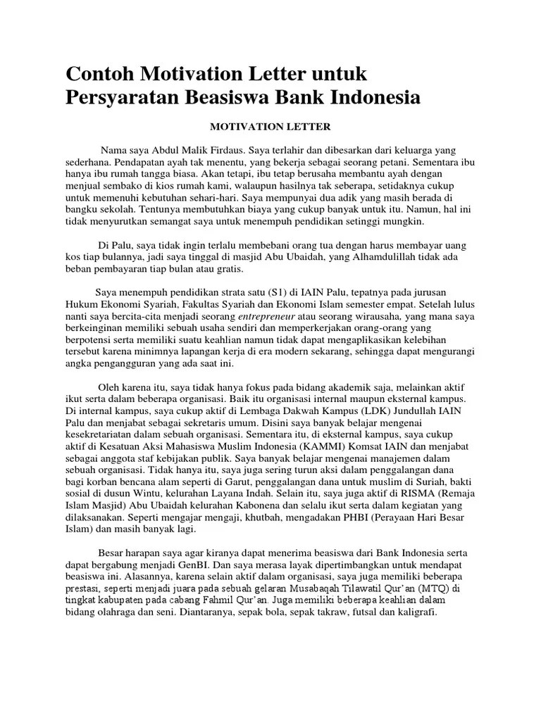 Contoh Motivation Letter Untuk Persyaratan Beasiswa Bank