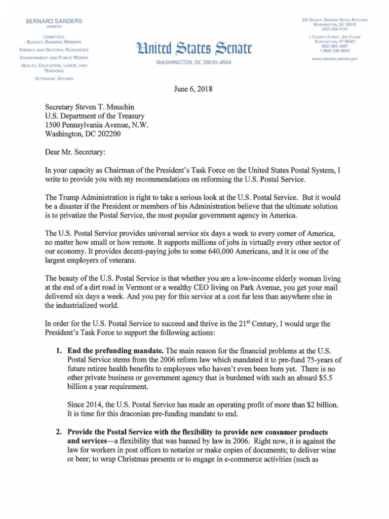Sanders Post Office Letter to Mnuchin