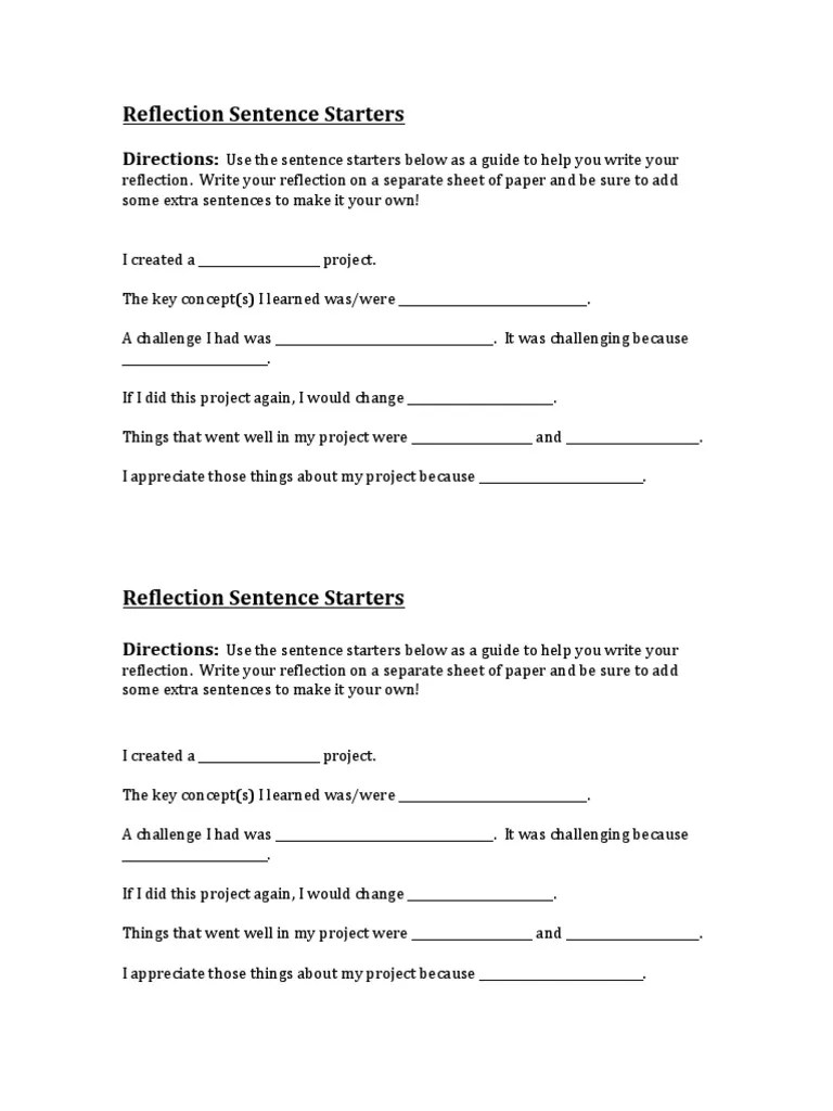 Reflection Sentence Starters