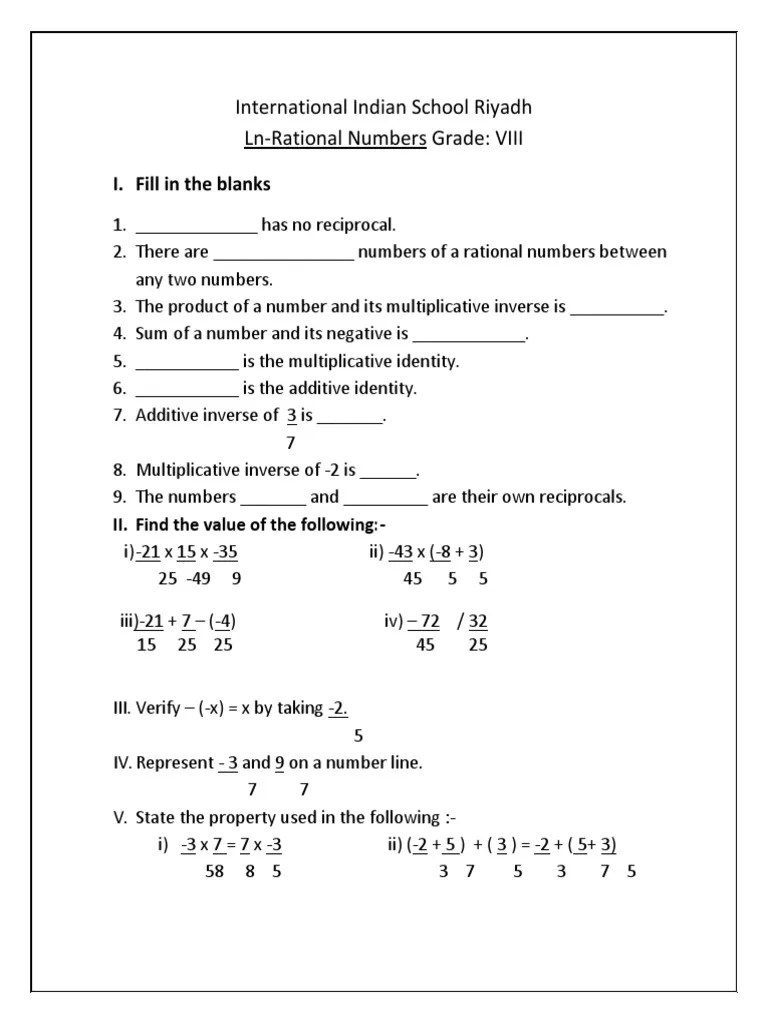 study solution and tutorial rational numbers worksheet for class 8