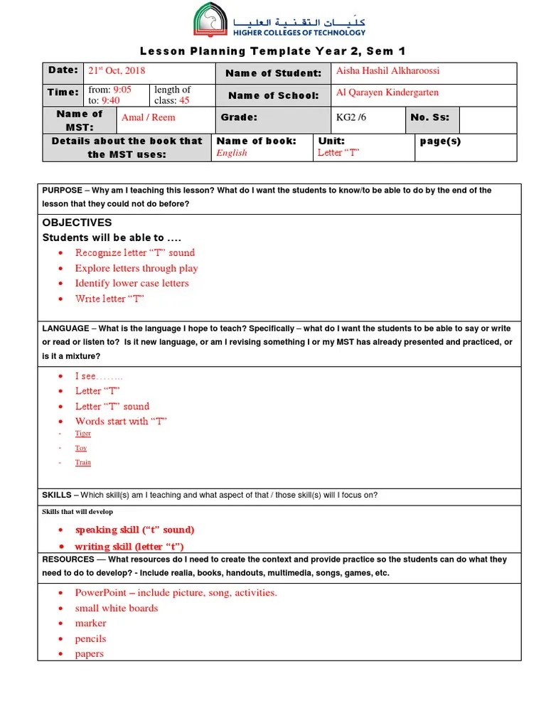 Lesson Planning Template Year 2, Sem 1 Objectives Students Will Be