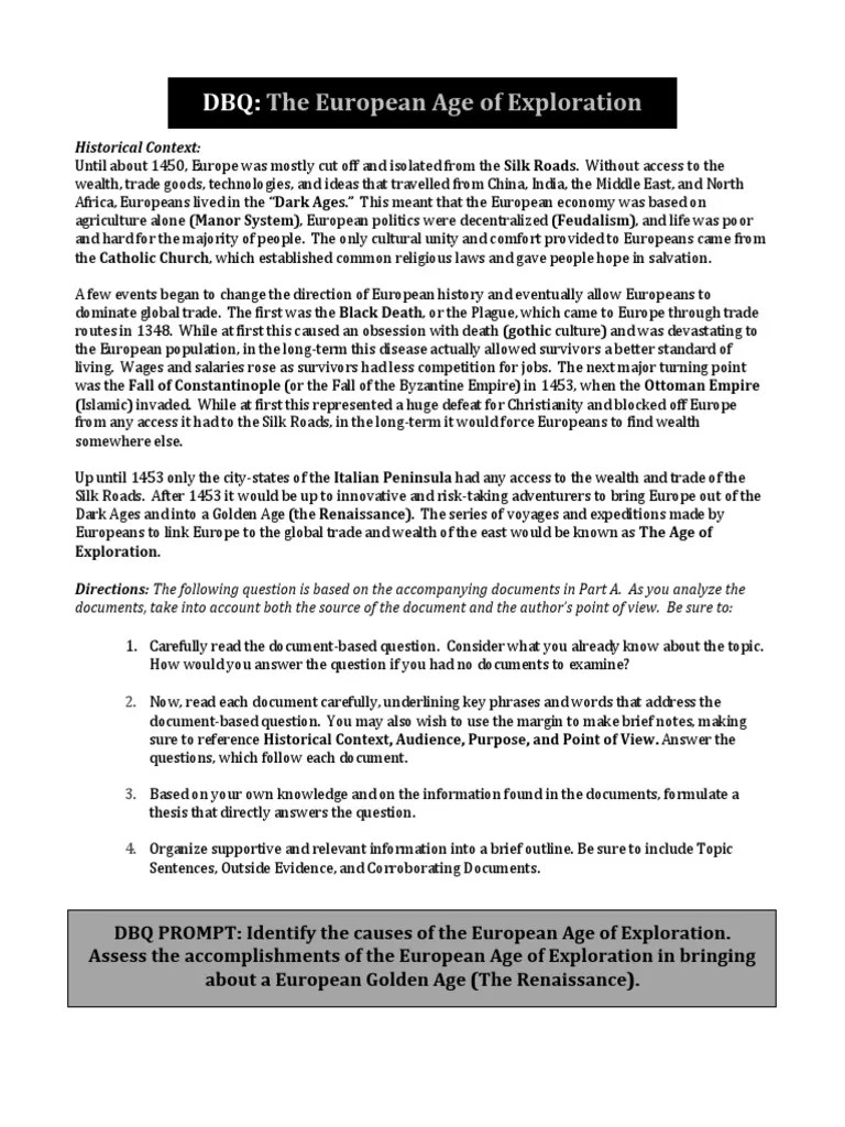 DBQ Age of Exploration PDF Ottoman Empire Europe Travel