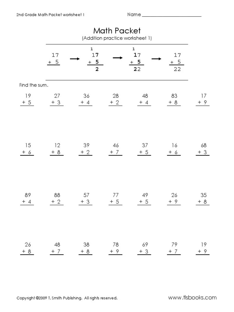 2nd Grade Math Packet Worksheet 1 PDF All Rights Reserved Intellectual Works