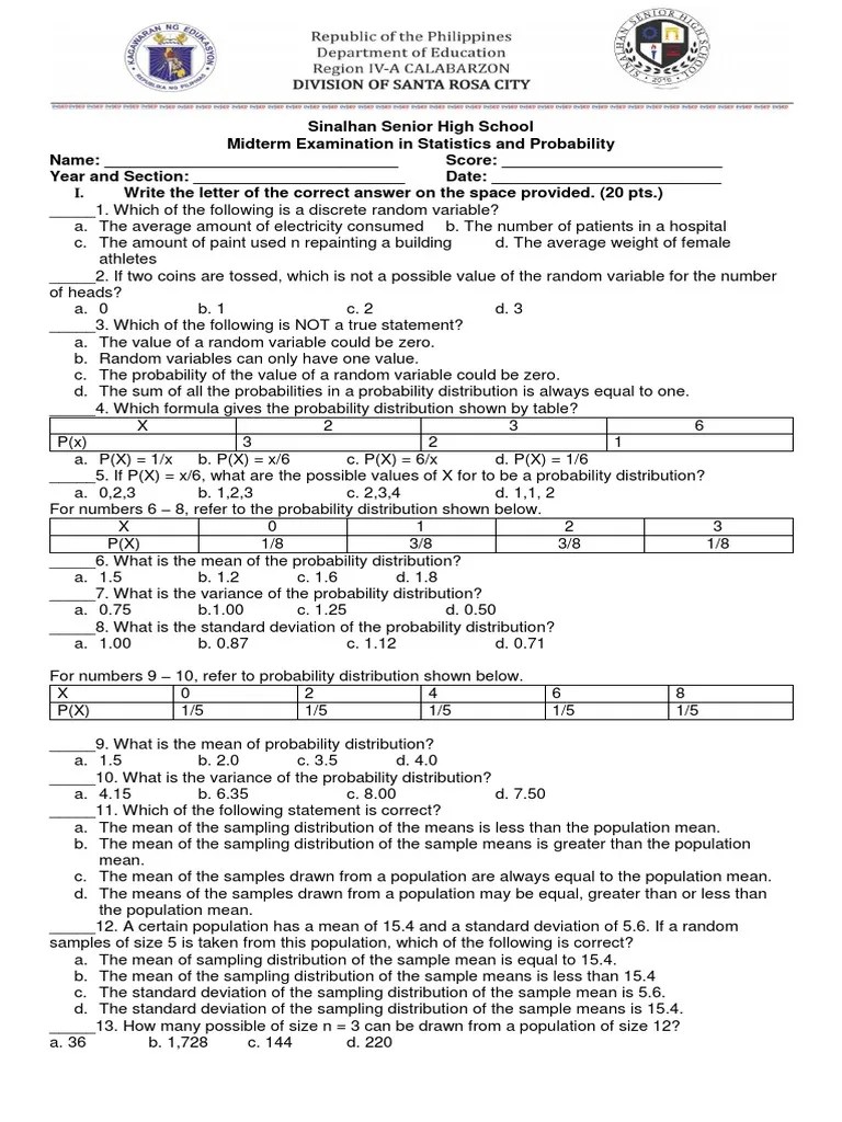 Midterm Exam in Statistics and Probability (Grade 11) | Variance | Mean