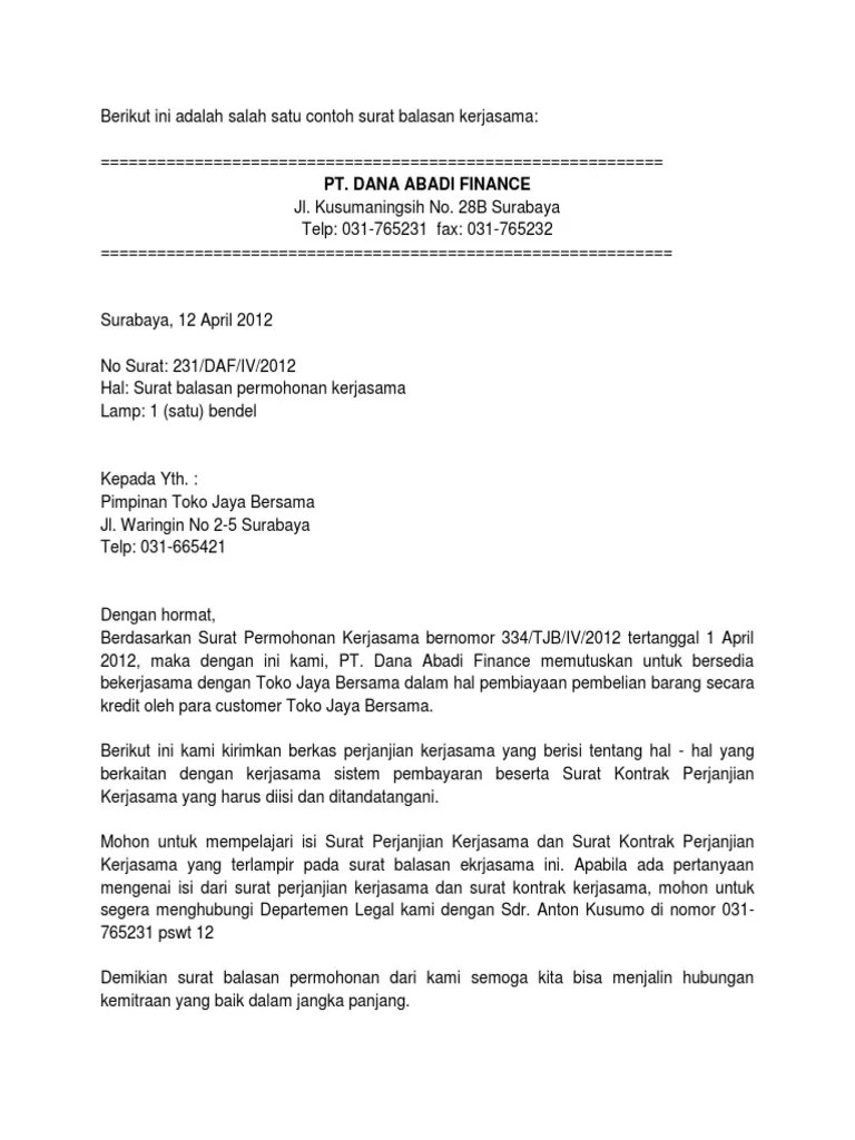 Berikut Ini Adalah Salah Satu Contoh Surat Balasan Kerjasama | PDF