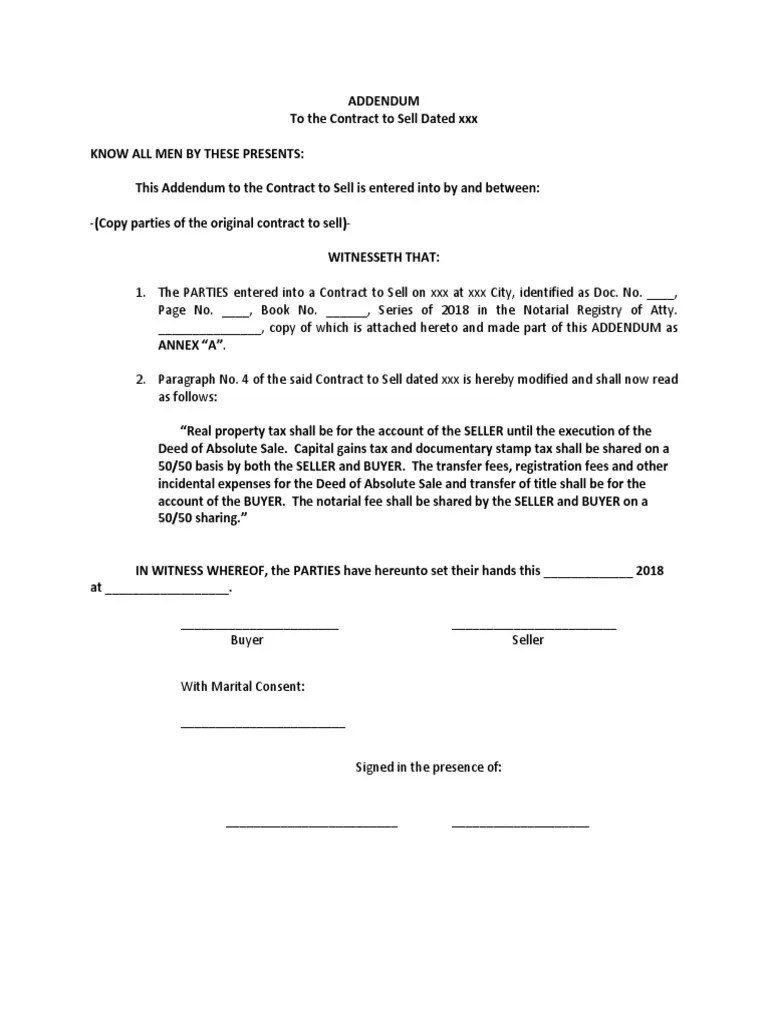 ADDENDUM Re Contract To Sell