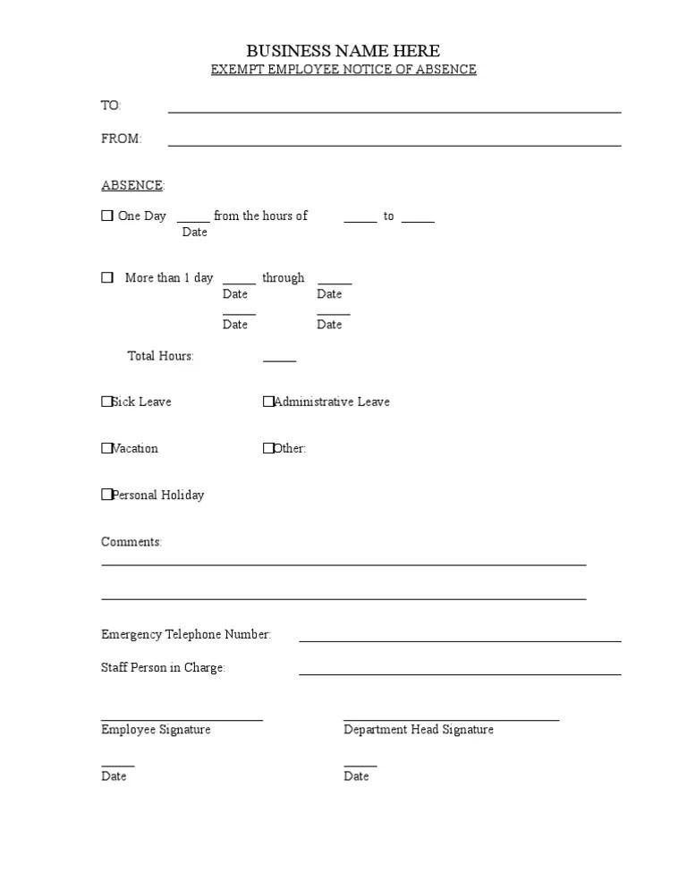 Exempt Employee Notice of Absence Sample