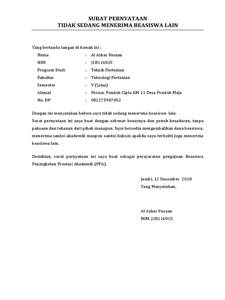 Contoh Surat Pernyataan Tidak Menerima Beasiswa Berbagai Contoh