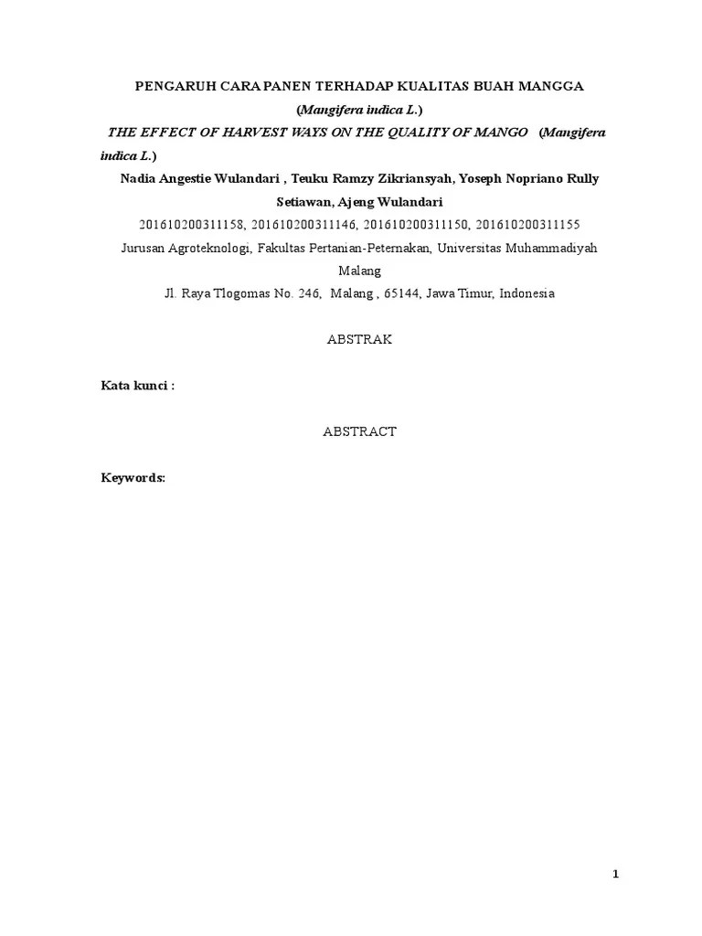 Jurnal Pengaruh Cara Panen Terhadap Kualitas Buah Mangga