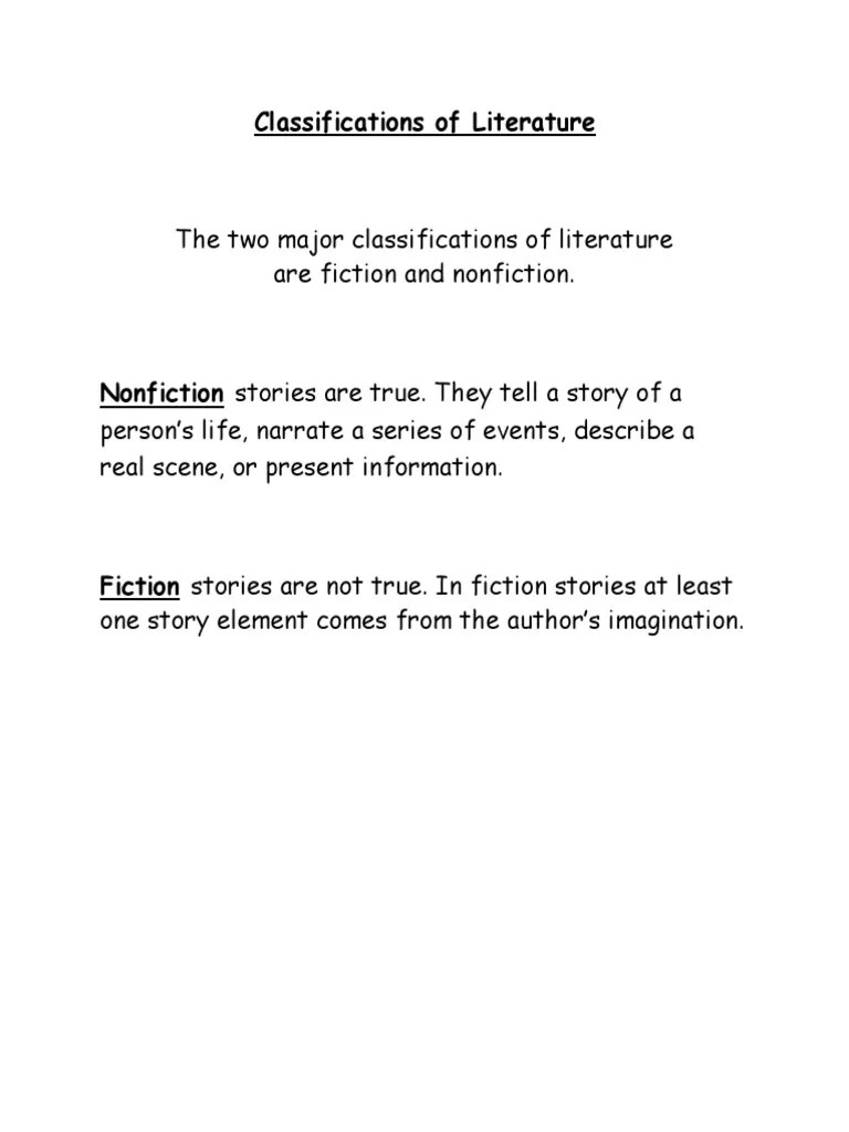 The Two Major Classifications of Literature Are Fiction and Nonfiction