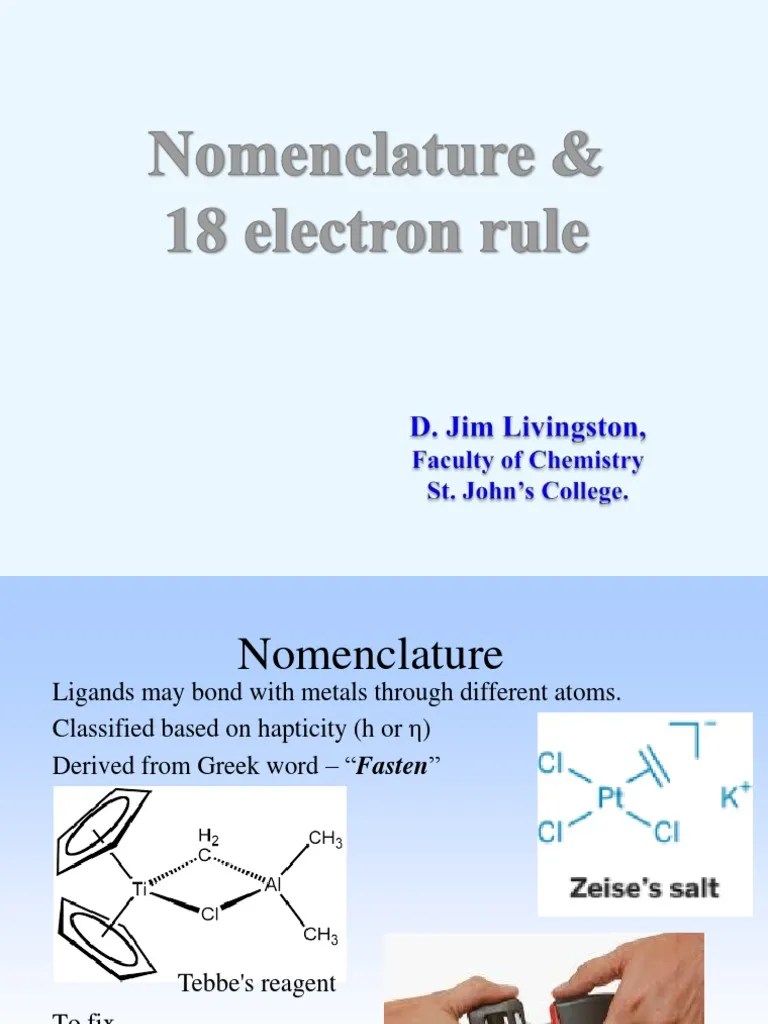 Nomenclature and 18 Electron rule Ligand Chemical Elements