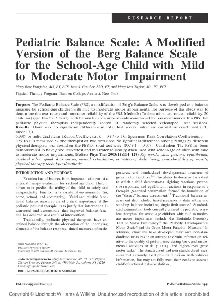 Pediatric Balance Scale A Modified Version of The Berg Balance Scale