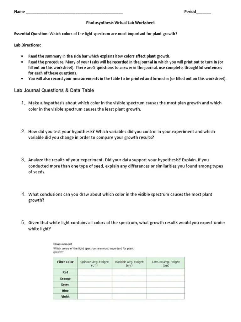 Photosynthesis Virtual Lab PDF Experiment Light