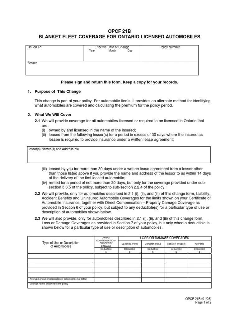 Opcf 21B Blanket Fleet Coverage For Ontario Licensed Automobiles PDF