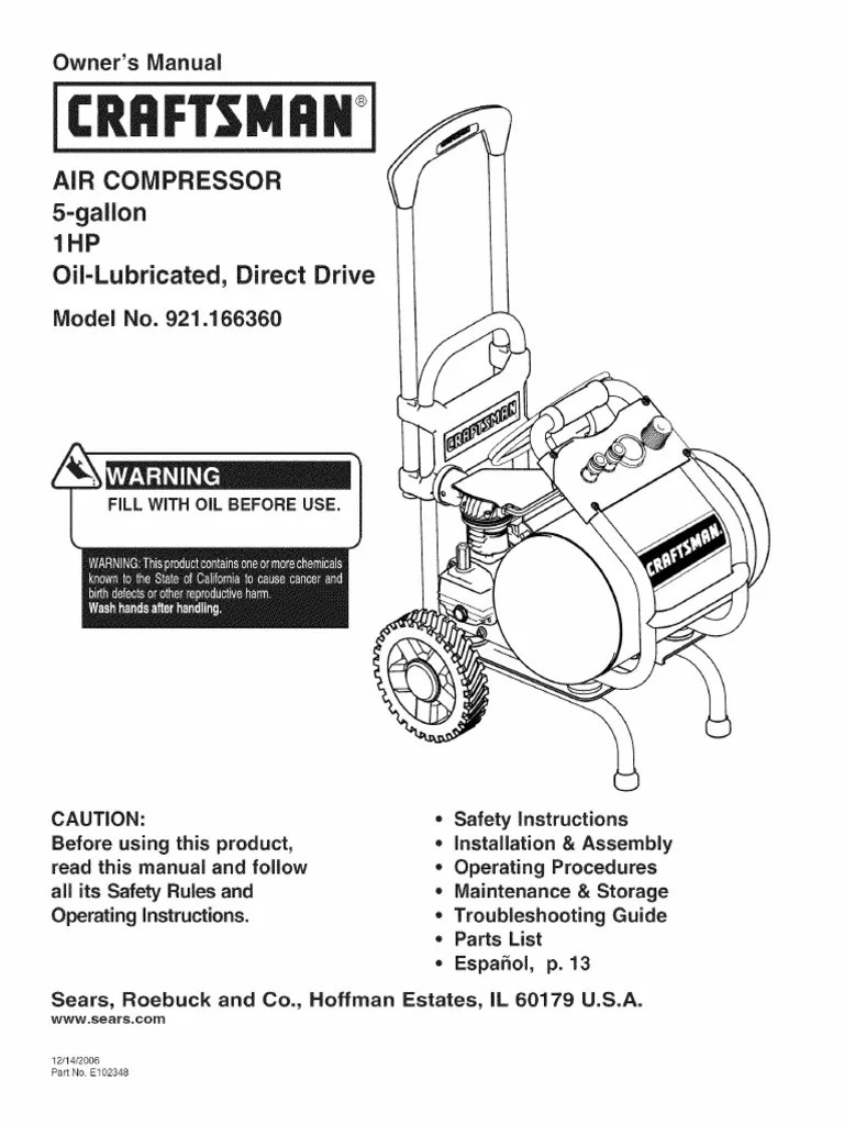 Craftsman AiR COMPRESSOR 5-Gallon 1HP Oil-Lubricated, Direct Drive 921.