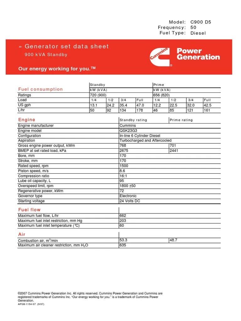 Cummins C900D5 Diesel Generator Data Sheet.pdf Diesel Engine Engines