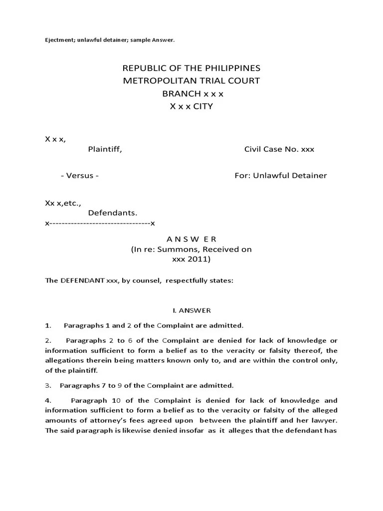 Sample Answer in Ejectment and Unlawful Detainer | PDF | Lawsuit