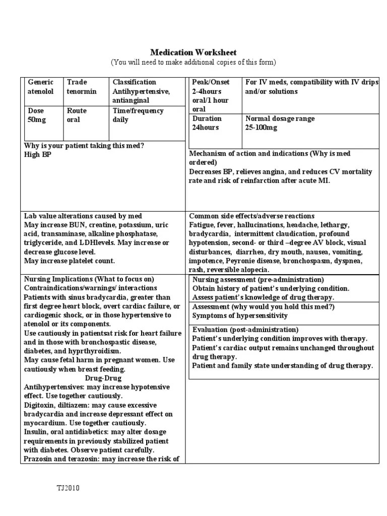 Medication Worksheet: (You Will Need To Make Additional Copies of This