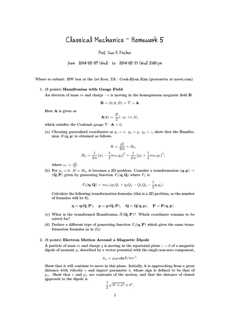 Analysis of Classical Mechanics Problems Hamiltonian Formulations