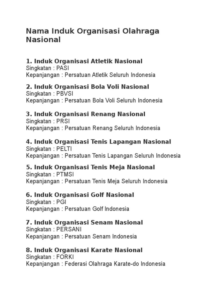 Nama Induk Organisasi Cabang Olahraga | PDF