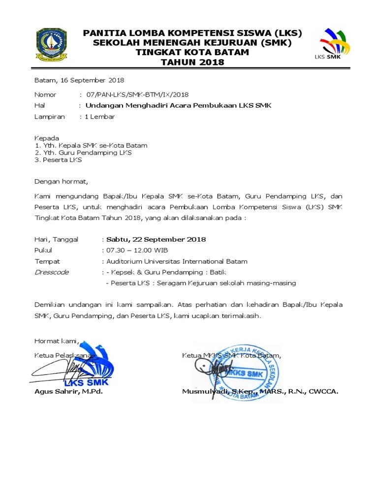 SURAT UNDANGAN KE SEKOLAH - Pembukaan LKS PDF | PDF