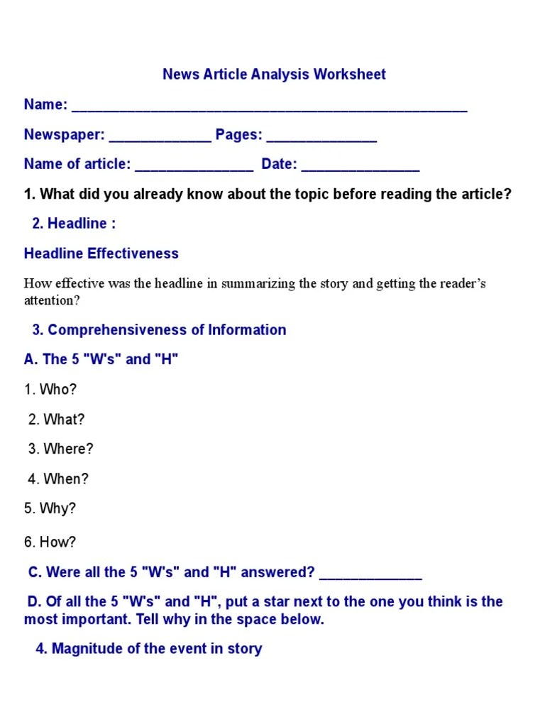 News Article Analysis Worksheet News Cognitive Science