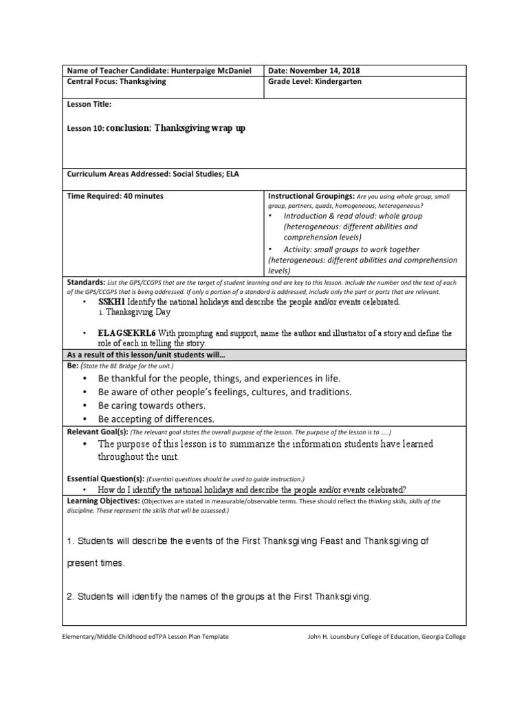 Thanksgiving Lesson 10 | PDF | Educational Assessment | Lesson Plan