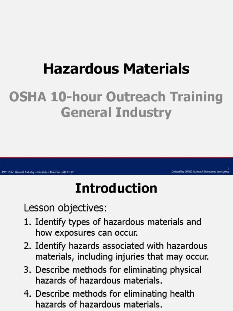 Hazardous Materials OSHA 10hour Outreach Training General Industry