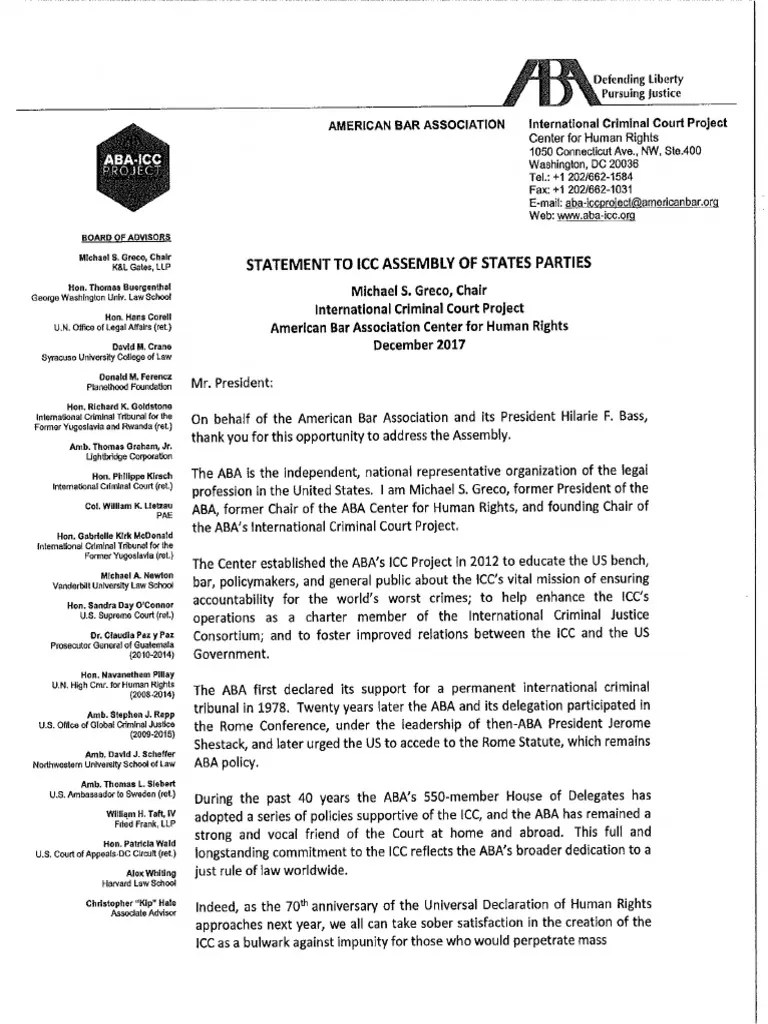 ABA Statement before the 16th Session of the Assembly of States Parties