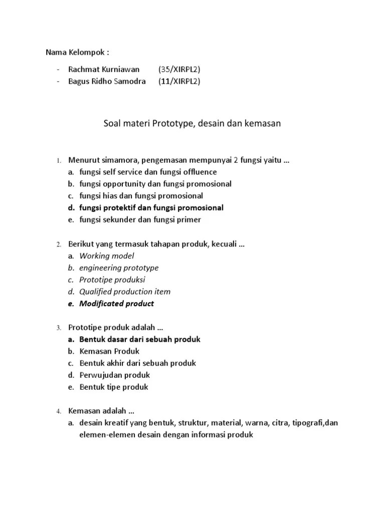 Soal Materi Prototype, Desain Dan Kemasan: D. Fungsi Protektif Dan Fungsi  Promosional | PDF
