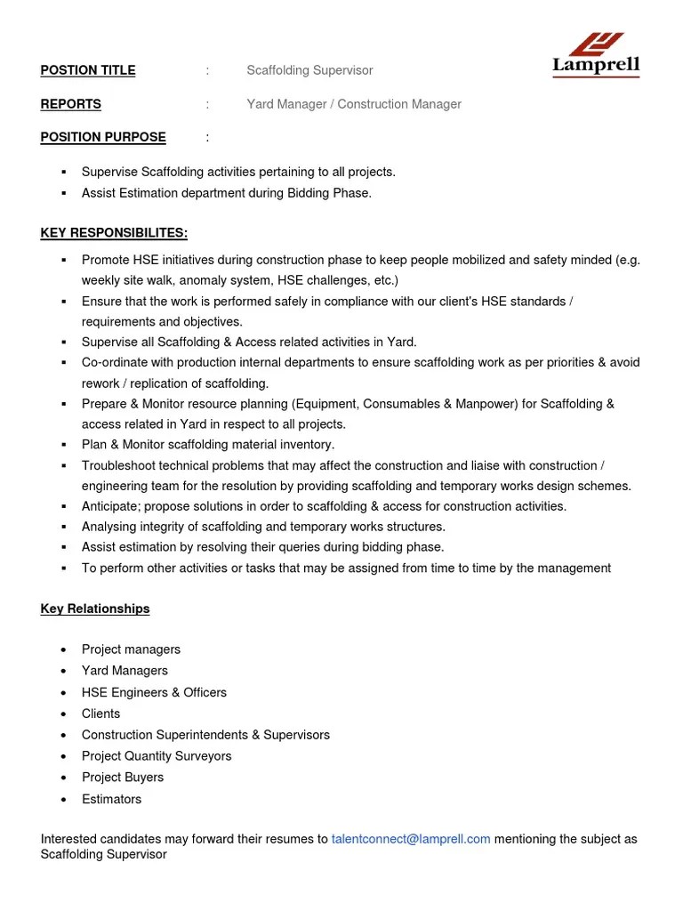 Job Description Scaffolding Supervisor PDF