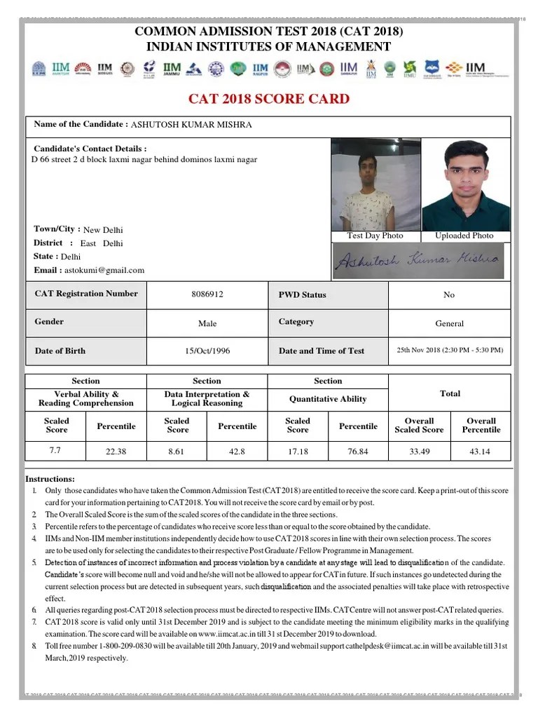 Cat 2018 Score Card Common Admission Test 2018 (Cat 2018) Indian