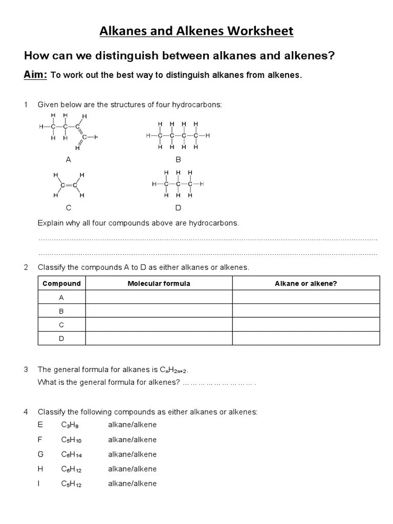 Alkanes and Alkenes Worksheet Alkene Alkane