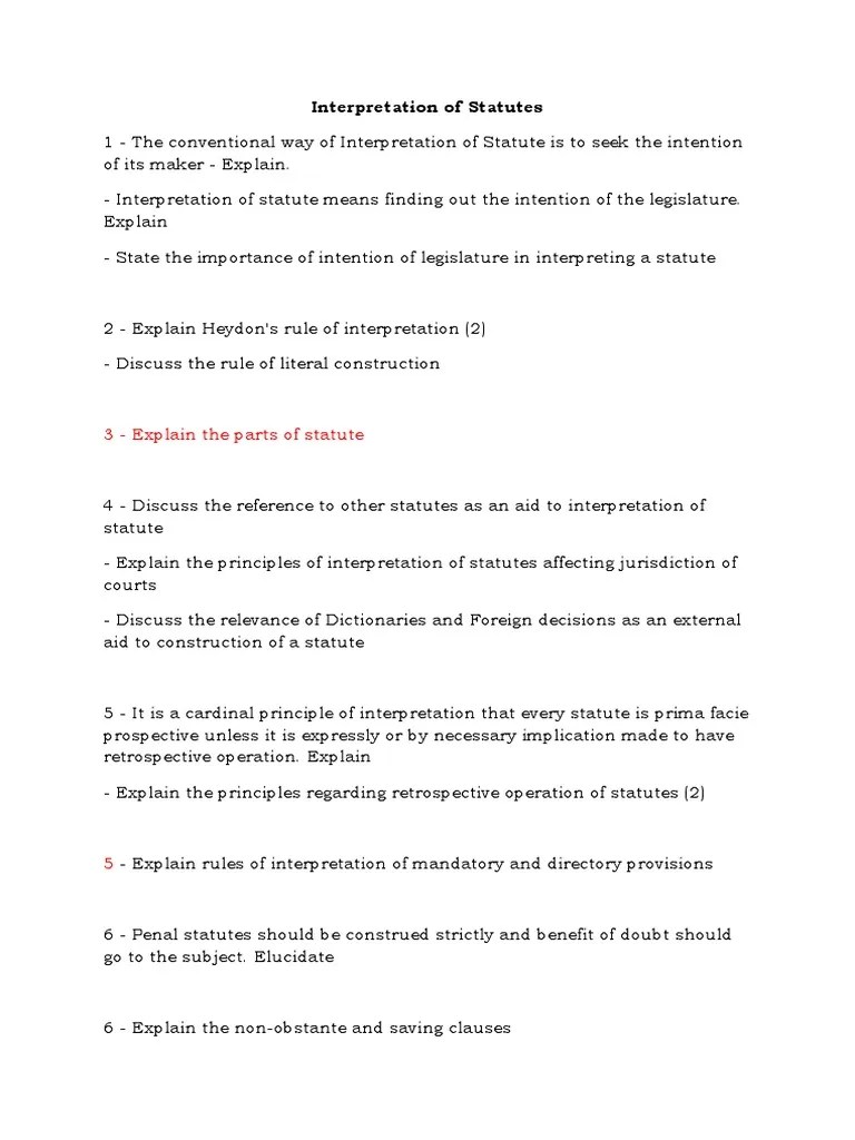 Interpretation of Statutes Important Questions PDF