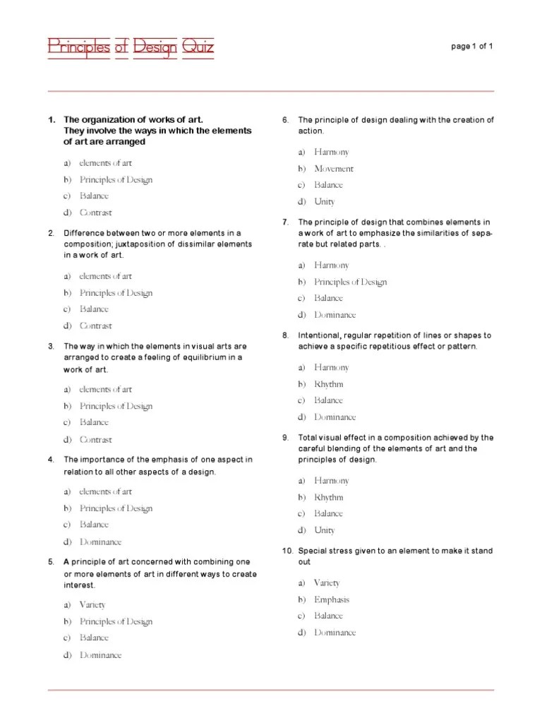 Principles of Design Quiz PDF Composition (Visual Arts) Aesthetics