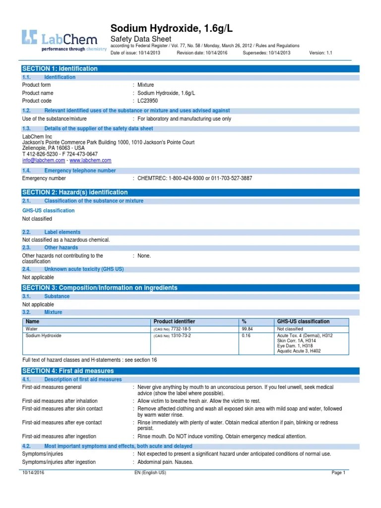 Sodium Hydroxide, 1.6g/L Safety Data Sheet PDF Toxicity Firefighting