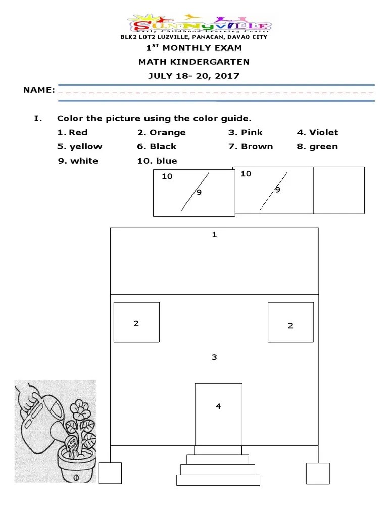 1st Monthly Exam Math Kindergarten PDF
