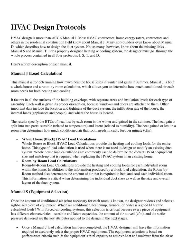HVAC Design Protocols Manual J (Load Calculation) PDF Hvac Duct